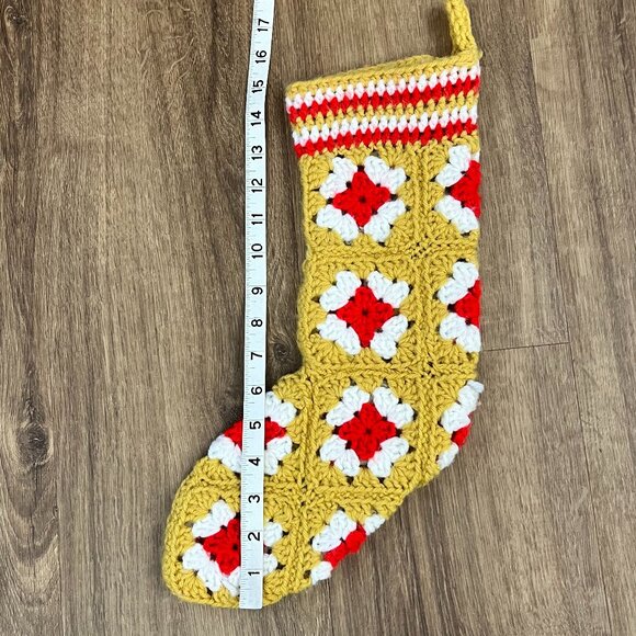 Vintage Boho Handmade Crochet Granny Square Stocking 70s - Picture 7 of 8